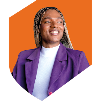 Black-woman-purple-jacket-orange-background