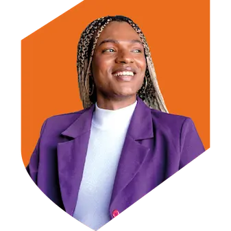 Black-woman-purple-jacket-orange-background