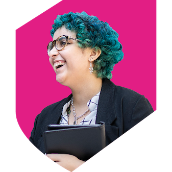 Woman-blue-hair-pink-shield
