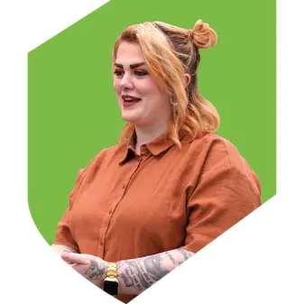 Woman-orange-hair-green-shield