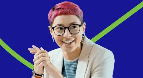 Woman with pink hair with lime green tick and blue background