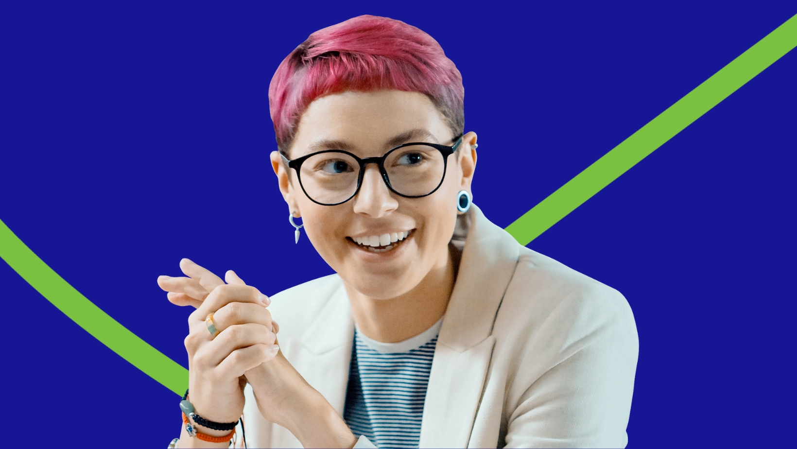 Woman with pink hair with lime green tick and blue background