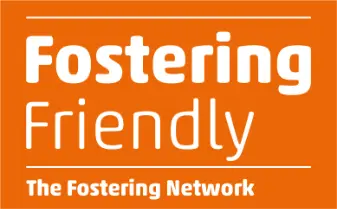 Fostering Friendly logo - white writing on orange background.